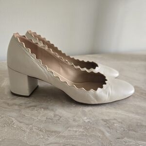 Chloe Cream Scalloped Block Heel Pumps